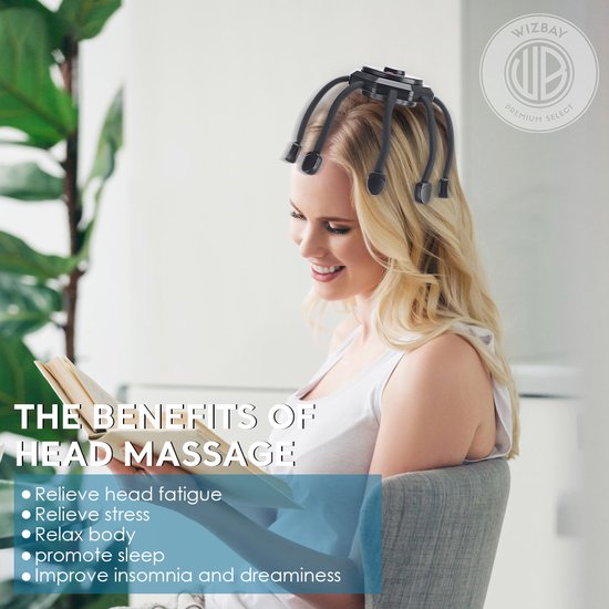 WizBay Premium Select® Multi 8 Point Hoofdmassagespin Massage - Haar Massage - 3 Standen - 360° - Ultra Licht en Compact - Bevorderd Slapen - Verminderd Vermoeidheid en Stress - Zwart