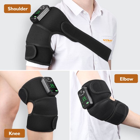 WizBay Premium Select® 3-in-1 Knie Schouder Elleboog Brace - Warmte en Vibratiemassage - LED Tiptoets Computer - Draadloos Oplaadbaar - 4000mAh - Zwart