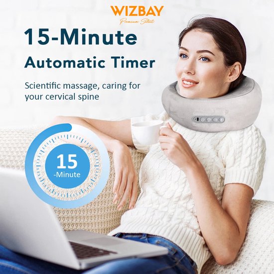 WizBay Premium Select® 2-in-1 Infrarood Nek- en Schoudermassagekussen – U-vormig Massagekussen – 42°C Warmtecompress – 2 Massage Modi – 3 Sterktes – Memory Foam – Draadloos Oplaadbaar – Grijs