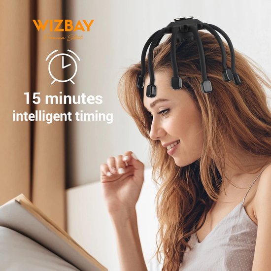 WizBay Premium Select® Hoofdmassage Apparaat – Elektrische Hoofdmassager met 10 Siliconen Massagekoppen – Bluetooth – Draadloos – Zwart