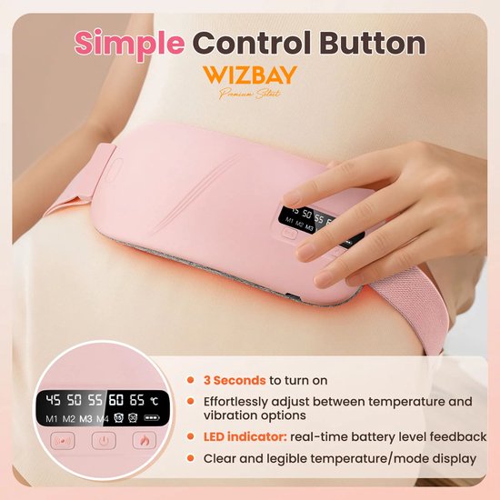 WizBay Premium Select® Menstruatie Warmteband – Elektrische Buik Warmteband met Massage – 5 Warmtestanden – Oplaadbaar – Draadloos – Roze