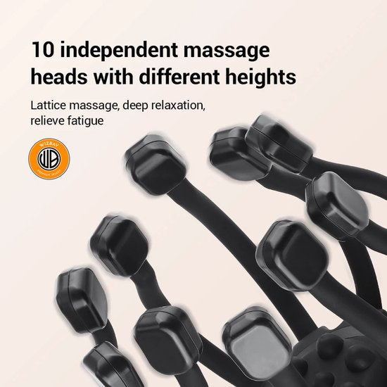 WizBay Premium Select® Hoofdmassage Apparaat – Elektrische Hoofdmassager met 10 Siliconen Massagekoppen – Bluetooth – Draadloos – Zwart