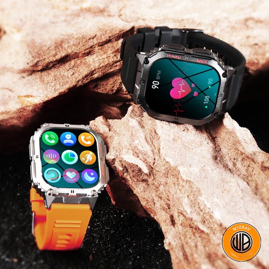 WizBay Premium Select® 1.96 inch AMOLED - Kompas - Bluetooth Bellen - Message - Dynamic Hartslag & Slaap Monitor - Bloeddruk & O2 - 100+ Sport Modi - 650mAh - Magnetic Laden - Zink Alloy Mat Zilveren Kast - Oranje TPU Band