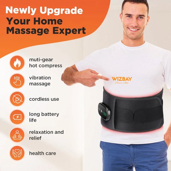 WizBay Premium Select® 2in1 Infrarood Light Therapie Waist Belt - 100 Infrarood Beats - 3 Standen Rugmassage - 5 Standen Warmte Massage - HD LED Tiptoetsbediening - 3 Timer Instellingen - Unisex Fit - Onderrug Massage - Rugmassage Apparaten- Zwart