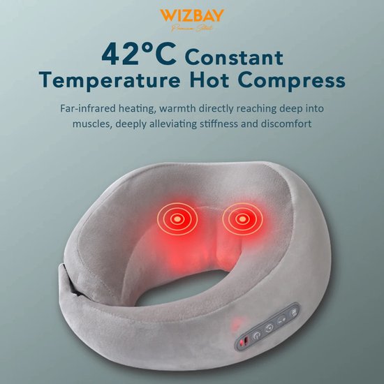 WizBay Premium Select® 2-in-1 Infrarood Nek- en Schoudermassagekussen – U-vormig Massagekussen – 42°C Warmtecompress – 2 Massage Modi – 3 Sterktes – Memory Foam – Draadloos Oplaadbaar – Grijs