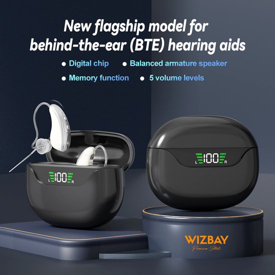 WizBay Premium Select® Digitale Gehoorapparaten AHO - 2 Stuks - Oplaadbaar - 16-kanaals DSP - Tinnitus Masking - Noise Reduction - Grijs