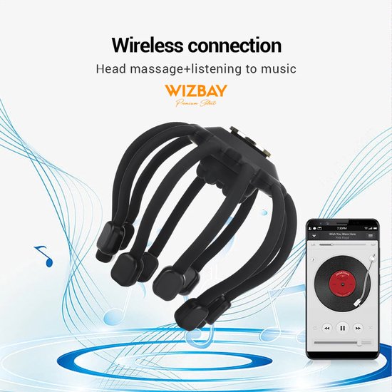 WizBay Premium Select® Hoofdmassage Apparaat – Elektrische Hoofdmassager met 10 Siliconen Massagekoppen – Bluetooth – Draadloos – Zwart