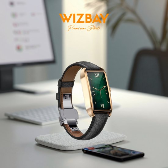 WizBay Premium Select® 1.13 Inch AMOLED Smartwatch Goud met Paars Leren Band – Hartslag, Bloeddruk SpO₂ Monitoring – Fitness Tracker – Elegant Vierkant Design – Android iOS