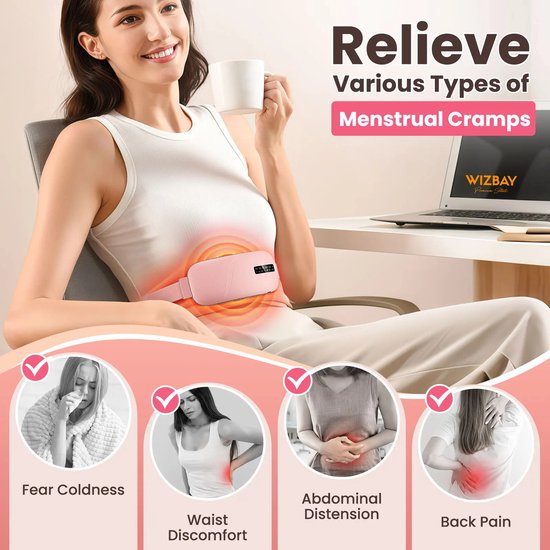 WizBay Premium Select® Menstruatie Warmteband – Elektrische Buik Warmteband met Massage – 5 Warmtestanden – Oplaadbaar – Draadloos – Roze