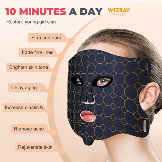 WizBay Premium Select® Infrared LED Light Therapy Mask – 220 LED Lampjes Actief – 450nm Blauw Licht, 660nm Rood Licht & 850nm Infrarood – Vibratiemassage – USB-C Oplaadbaar – Siliconen Gezichtsmasker