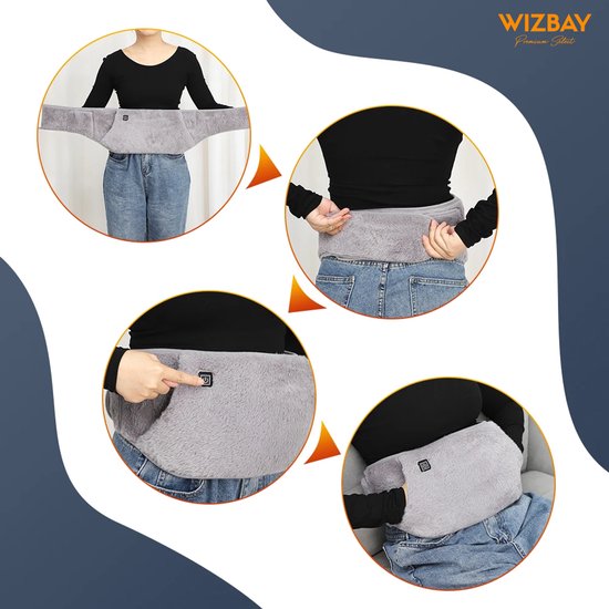 WizBay Premium Select® Elektrische Warmte Mof - Warmte Band voor Menstruatiepijn en Buikkrampen – 3 Warmtestanden 45°C 55°C 65°C – Fluwelen Comfort – USB Verwarming – Buik, Taille en Handen – 105 cm Verstelbaar – Grijs
