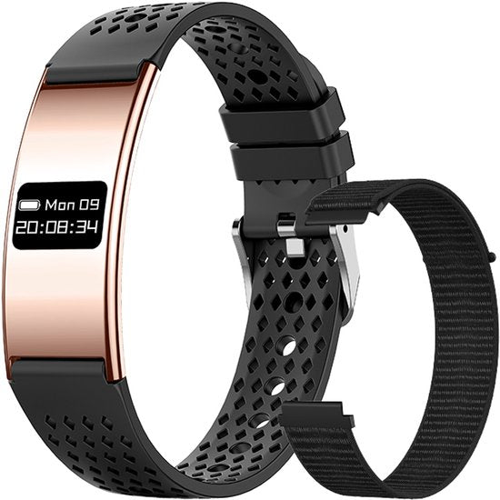 WizBay Premium Select® Smart Bracelet 2026 - Ultradun 2,8 mm - Hartslag en SpO2 - Slaapmonitor - 5ATM Waterdicht - Fitness Tracker - IPS Screen - Android en iOS - Goud - Siliconen en Gewoven Siliconen Band Zwart