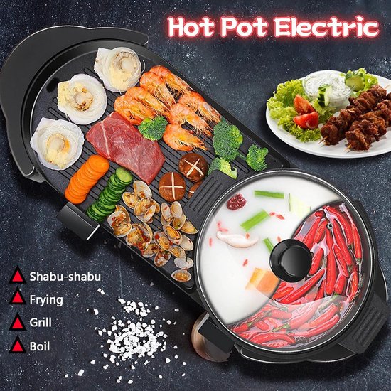 WizBay Premium Select® 3 in 1 Dual Aziatische Shabu HotPot - Funcooking - 2 Bouillon Gedeelten - Grill - Gourmetten - Fondue - 6 tot 8 personen - 2000W - Anti Aanbak Laag - 72cm Lang