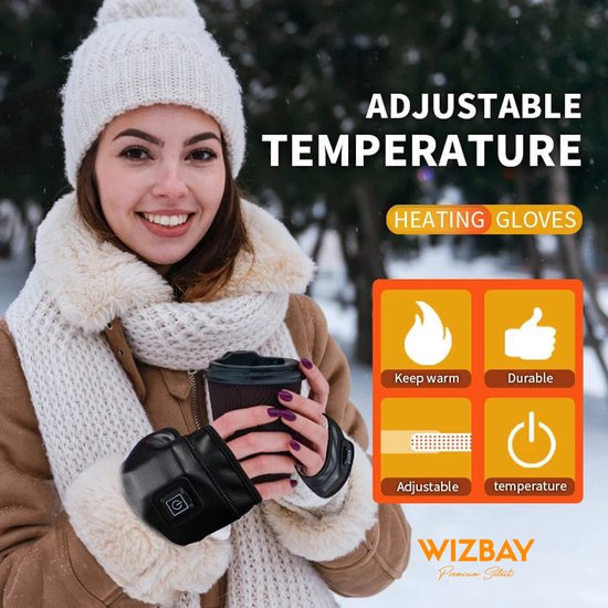 WizBay Premium Select® Elektrische Vingerloze Handschoenen – Winter Sport & Outdoor – 3 Warmtestanden (45-55°C) – 2000mAh Oplaadbare Batterij – PU Leren Thermo Handschoenen – Small