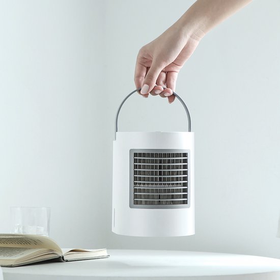 WizBay Premium Select® 3in1 Draagbare Desktop Water Aircooler - Mini Airco - LED Licht - 380 ml Watertank - Luchtbevochtiger - Met draagbaar Handvat - Luchtkoeler - Mini Ventilator - Slaapkamer Woonkamer Camping Vakantie - Kleur Wit Grijs
