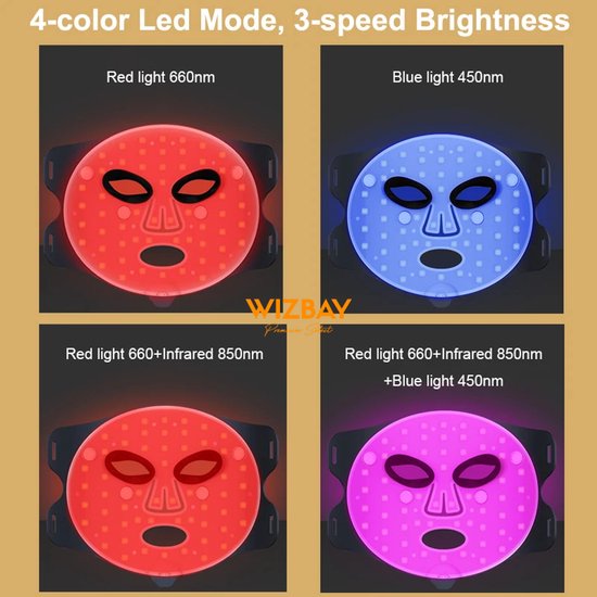 WizBay Premium Select® Infrared LED Light Therapy Mask – 220 LED Lampjes Actief – 450nm Blauw Licht, 660nm Rood Licht & 850nm Infrarood – Vibratiemassage – USB-C Oplaadbaar – Siliconen Gezichtsmasker