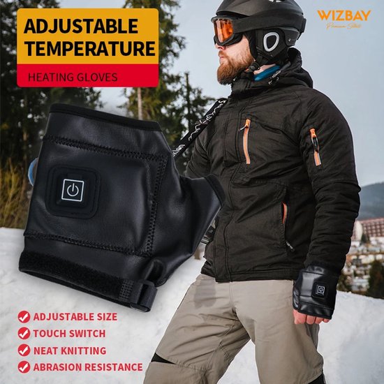 WizBay Premium Select® Elektrische Vingerloze Handschoenen – Winter Sport & Outdoor – 3 Warmtestanden (45-55°C) – 2000mAh Oplaadbare Batterij – PU Leren Thermo Handschoenen – Small