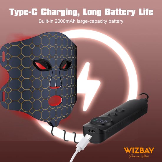 WizBay Premium Select® Infrared LED Light Therapy Mask – 220 LED Lampjes Actief – 450nm Blauw Licht, 660nm Rood Licht & 850nm Infrarood – Vibratiemassage – USB-C Oplaadbaar – Siliconen Gezichtsmasker