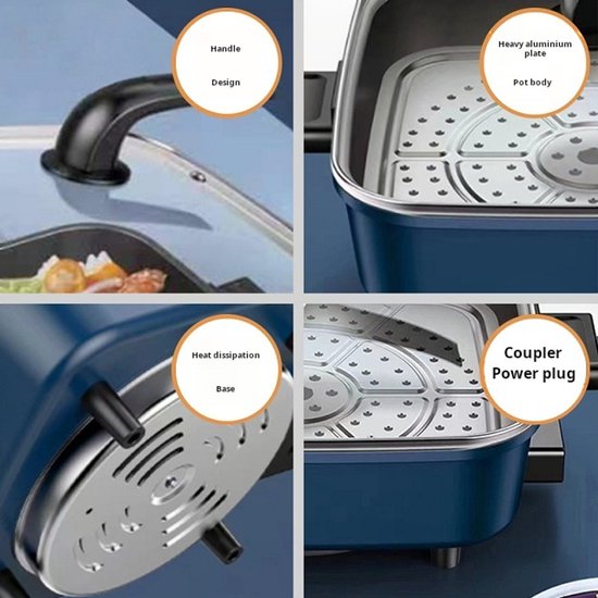 WizBay Premium Select® 3in1 Koreaanse Elektrische Grill 6L – Hotpot – Stoompan – Inclusief Aluminium Stoomplaat – Funcooking - Gourmetten - 4 tot 6 Personen – Anti Aanbak Laag – 1500W – Temperatuurregeling – Blauw
