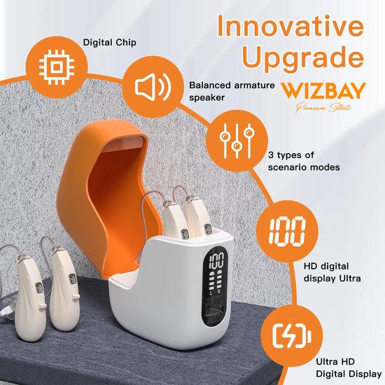 WizBay Premium Select® 2x DSP 16-Kanaals Digitaal Gehoorapparaat AHO – Ruisonderdrukking – Oplaadbaar met LED Oplaadcase – Eenvoudige Bediening - Gehoorversterker - Voor Licht tot Matig Gehoorverlies - Beige