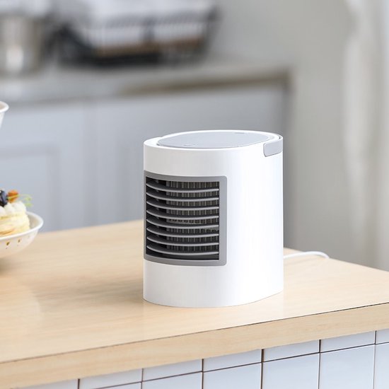 WizBay Premium Select® 3in1 Draagbare Desktop Water Aircooler - Mini Airco - LED Licht - 380 ml Watertank - Luchtbevochtiger - Met draagbaar Handvat - Luchtkoeler - Mini Ventilator - Slaapkamer Woonkamer Camping Vakantie - Kleur Wit Grijs