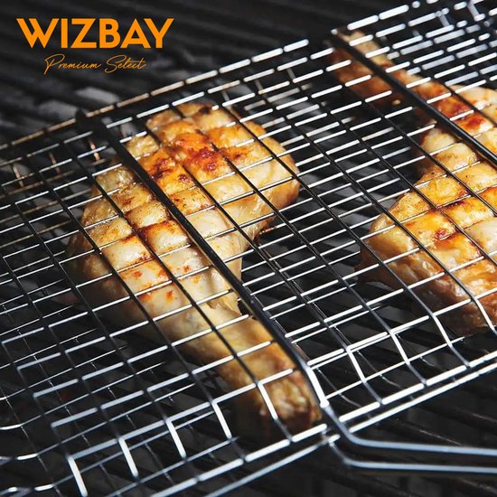 WizBay Premium Select® Barbecue rooster Grill Klem - Vis - Vlees - Groente - Visgrill - BBQ Rooster - Chroom en Hout Extra Groot 34.5x58cm