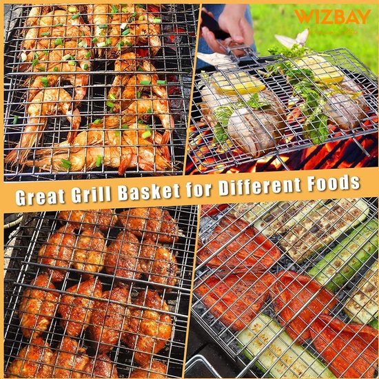 WizBay Premium Select® Barbecue rooster Grill Klem - Vis - Vlees - Groente - Visgrill - BBQ Rooster - Chroom en Hout Extra Groot 34.5x58cm