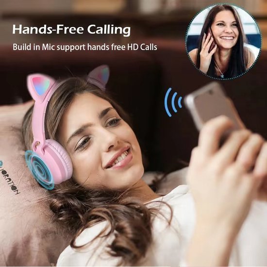 WizBay Premium Select® CAT Ear KIDS LED Headset met Microfoon - LED op de Buitenkant - HD Bluetooth Phone Call - Ingebouwde Microfoon - SD Card - Verstelbare Hoofdband - Soft Zuurstof doorlatend Ear Pads - Kleur Grijs Buitenkant Roze Binnenkant