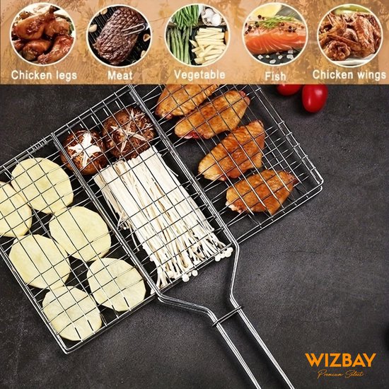 WizBay Premium Select® Barbecue rooster Grill Klem - Vis - Vlees - Groente - Visgrill - BBQ Rooster - Chroom en Hout Extra Groot 34.5x58cm