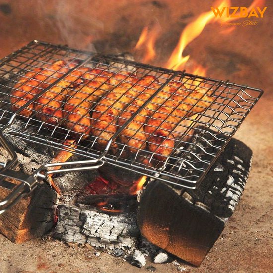 WizBay Premium Select® Barbecue rooster Grill Klem - Vis - Vlees - Groente - Visgrill - BBQ Rooster - Chroom en Hout Extra Groot 34.5x58cm