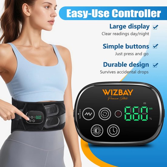 WizBay Premium Select® Roodlicht Therapie Riem - 660nm 850nm - 46 LED Beads - Vibratiemassage - Draadloos Oplaadbaar - 5000mAh - Blauw