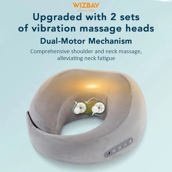 WizBay Premium Select® 2-in-1 Infrarood Nek- en Schoudermassagekussen – U-vormig Massagekussen – 42°C Warmtecompress – 2 Massage Modi – 3 Sterktes – Memory Foam – Draadloos Oplaadbaar – Grijs