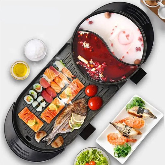 WizBay Premium Select® 3 in 1 Dual Aziatische Shabu HotPot - Funcooking - 2 Bouillon Gedeelten - Grill - Gourmetten - Fondue - 6 tot 8 personen - 2000W - Anti Aanbak Laag - 72cm Lang
