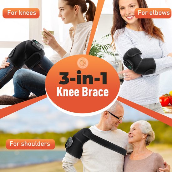 WizBay Premium Select® 3-in-1 Massage Brace – Knie, Schouder & Elleboog – Warmtecompressie & Vibratiemassage – LED Tiptoets Bediening – Draadloos Oplaadbaar – Zwart