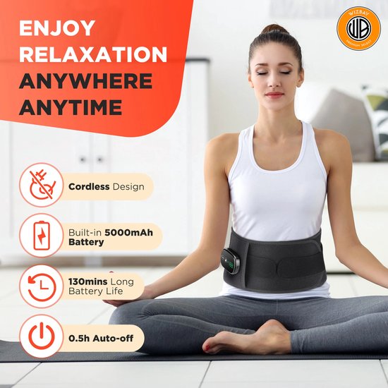 WizBay Premium Select® 2in1 Infrarood Light Therapie Waist Belt - 100 Infrarood Beats - 3 Standen Rugmassage - 5 Standen Warmte Massage - HD LED Tiptoetsbediening - 3 Timer Instellingen - Unisex Fit - Onderrug Massage - Rugmassage Apparaten- Zwart