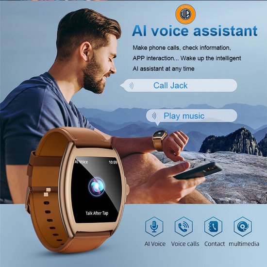 WizBay Premium Select® 2D Curved 1.77inch IPS Screen Elegante Smartwatch Dames Heren AMOLED - Android en iOS - Bluetooth Call - 02 Zuurstof - Dynamic Hartslag & Slaap Monitor - Message - Magnetic Laden - Smartwatches - Zilver Case Zwart Lederen Band