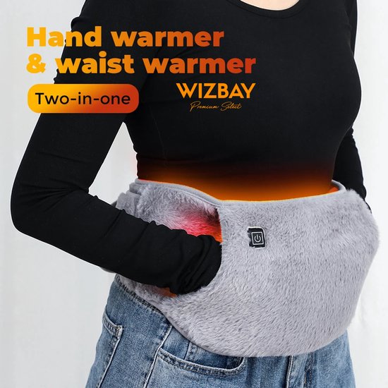 WizBay Premium Select® Elektrische Warmte Mof - Warmte Band voor Menstruatiepijn en Buikkrampen – 3 Warmtestanden 45°C 55°C 65°C – Fluwelen Comfort – USB Verwarming – Buik, Taille en Handen – 105 cm Verstelbaar – Grijs
