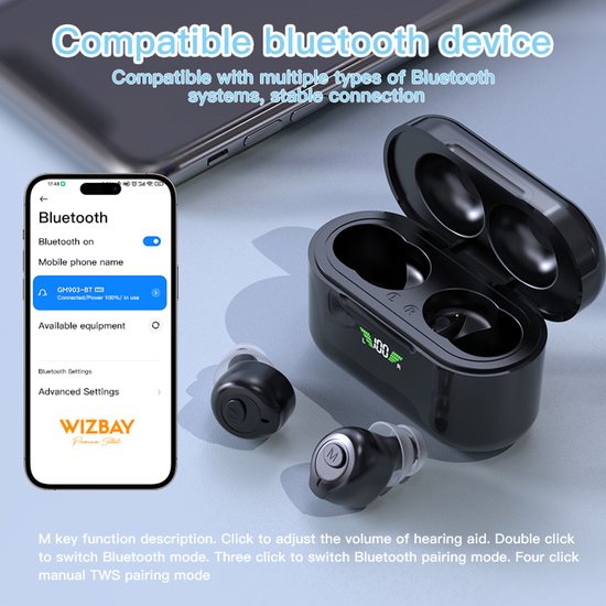 WizBay Premium Select® 2x Mini DSP Intelligent digitaal Gehoorapparaat Oplaadbaar – Bluetooth - In-Het-Oor (IHO) – Bluetooth – Noise Reduction – Geluidsreductie - Gehoorversterker - Oplaadbaar met Magnetische LED L/R Oplaadbox – Zwart