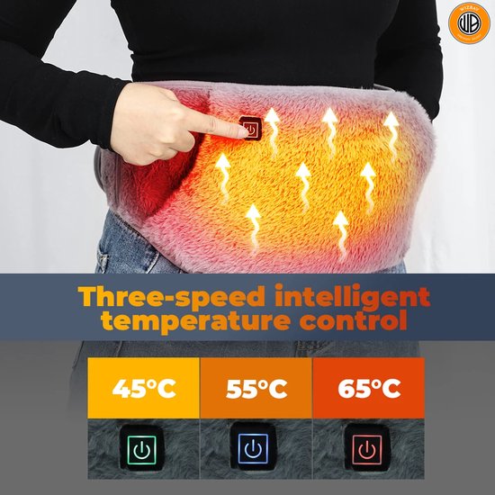 WizBay Premium Select® Elektrische Warmte Mof - Warmte Band voor Menstruatiepijn en Buikkrampen – 3 Warmtestanden 45°C 55°C 65°C – Fluwelen Comfort – USB Verwarming – Buik, Taille en Handen – 105 cm Verstelbaar – Grijs