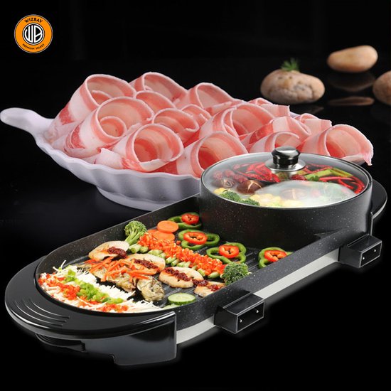 WizBay Premium Select® 3 in 1 Dual Aziatische Shabu HotPot - Funcooking - 2 Bouillon Gedeelten - Grill - Gourmetten - Fondue - 6 tot 8 personen - 2000W - Anti Aanbak Laag - 72cm Lang