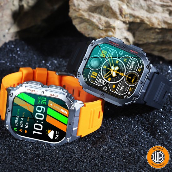 WizBay Premium Select® 1.96 inch AMOLED - Kompas - Bluetooth Bellen - Message - Dynamic Hartslag & Slaap Monitor - Bloeddruk & O2 - 100+ Sport Modi - 650mAh - Magnetic Laden - Zink Alloy Mat Zilveren Kast - Oranje TPU Band