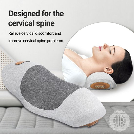 WizBay Premium Select® Nekmassagekussen - Shiatsu Nekkussen met Warmte en Vibratie - Ergonomisch - 3 Standen - Lichtgrijs