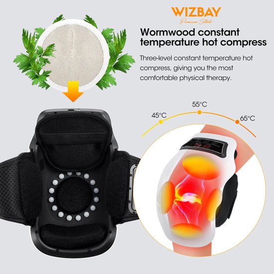 WizBay Premium Select® 3 in 1 Smart Infrarood Knie Elleboog en Schouder Massager – 360° Warmtecompressie 9 Vibratieniveaus - 3 Warmtestanden 45°C 55°C 65°C – Moxa Verwarming Infrarood Therapie Elektrodenfunctie - LED Tiptoets Computer Design – Wit