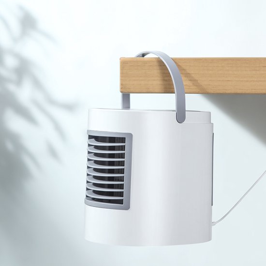 WizBay Premium Select® 3in1 Draagbare Desktop Water Aircooler - Mini Airco - LED Licht - 380 ml Watertank - Luchtbevochtiger - Met draagbaar Handvat - Luchtkoeler - Mini Ventilator - Slaapkamer Woonkamer Camping Vakantie - Kleur Wit Grijs