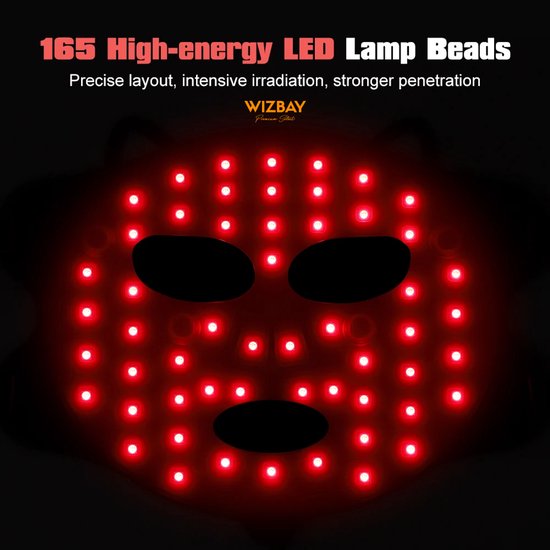 WizBay Premium Select® Infrared LED Light Therapy Mask – 220 LED Lampjes Actief – 450nm Blauw Licht, 660nm Rood Licht & 850nm Infrarood – Vibratiemassage – USB-C Oplaadbaar – Siliconen Gezichtsmasker