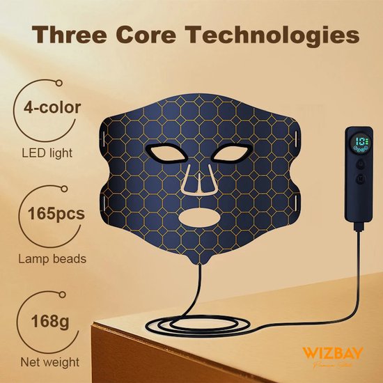 WizBay Premium Select® Infrared LED Light Therapy Mask – 220 LED Lampjes Actief – 450nm Blauw Licht, 660nm Rood Licht & 850nm Infrarood – Vibratiemassage – USB-C Oplaadbaar – Siliconen Gezichtsmasker