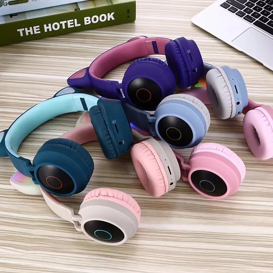 WizBay Premium Select® CAT Ear KIDS LED Headset met Microfoon - LED op de Buitenkant - HD Bluetooth Phone Call - Ingebouwde Microfoon - SD Card - Verstelbare Hoofdband - Soft Zuurstof doorlatend Ear Pads - Kleur Grijs Buitenkant Roze Binnenkant