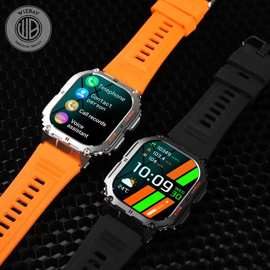WizBay Premium Select® 1.96 inch AMOLED - Kompas - Bluetooth Bellen - Message - Dynamic Hartslag & Slaap Monitor - Bloeddruk & O2 - 100+ Sport Modi - 650mAh - Magnetic Laden - Zink Alloy Mat Zilveren Kast - Oranje TPU Band