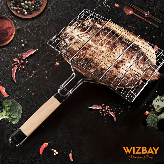 WizBay Premium Select® Barbecue rooster Grill Klem - Vis - Vlees - Groente - Visgrill - BBQ Rooster - Chroom en Hout Extra Groot 34.5x58cm