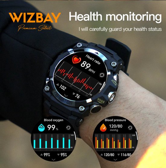 WizBay Premium Select® 1.39Inch Smartwatch Dames Heren - LED Flashlight - Android en iOS - Bluetooth Call - 02 Zuurstof - Bloedruk - Dynamic Hartslag & Slaap Monitor - Message - Magnetic Laden - Smartwatches - Zwart met Aubergine Siliconen Band